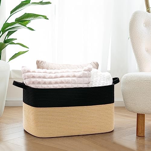 Goodpick Large Woven Blanket Basket, Rectangle, Black & Camel - Image 2