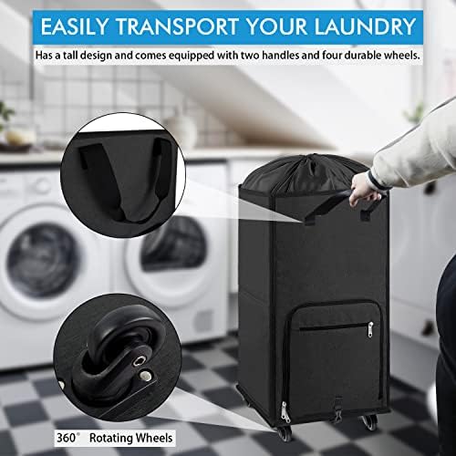 Bukere Laundry Hamper with Wheels, Large Rolling Laundry Basket with 4 Casters and 2 Handles, Collapsible Freestanding Wheeled Laundry Bag for Clothes, Laundry Room, Bathroom Midnight Grey - Image 2