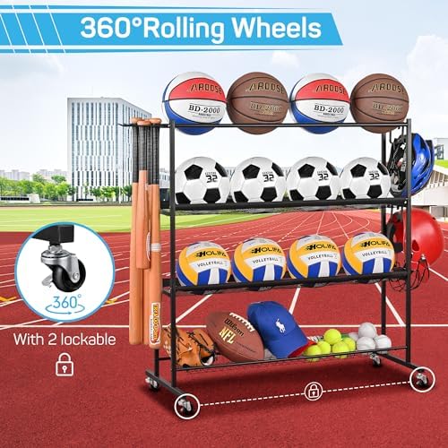 4-Tier Basketball Rack with Wheels, Ball Storage Organizer for Garage - Image 6