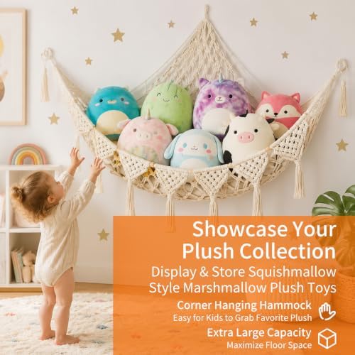 Corner Stuffed Animal Hammock, Large Handwoven Cotton Plush Toy Storage Net Compatible with Squishmallow Plush, Boho Hanging Wall Organizer Decor for Girls Bedroom, Cream White - Image 5