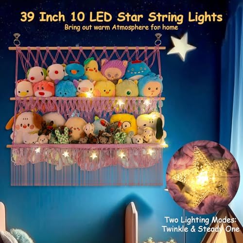 2 Tier Stuffed Animal Storage Shelf Net 35x30'' Large Stuffy Storage Pink - Image 4