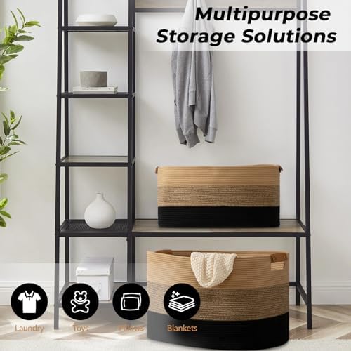 danpinera Large Woven Basket, 108L Large Blanket Basket for Living Room, Nursery, Cotton Woven Hamper for Toy Organizing & Laundry, 25’’*16’’*16’’ Gradient Linen - Image 4