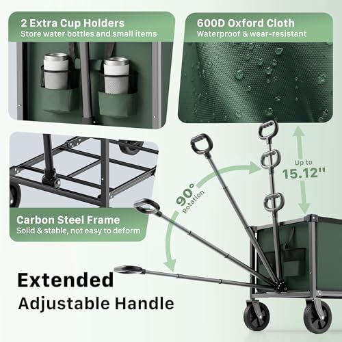 29.3" Collapsible Wagon Cart, 150L Heavy Duty Folding Utility Wagon with Wheels, 260 lbs Load, Portable Rolling Cart for Garden, Shopping, Sports, Camping, Army Green - Image 7