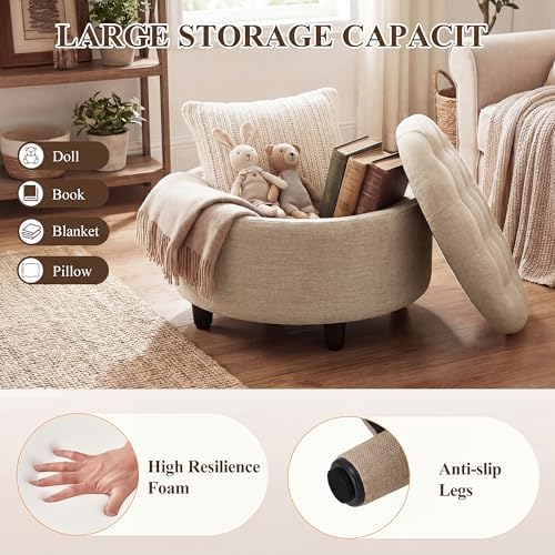 COLAMY Fabric Round Storage Ottoman with Reversible Tray Lid(Camel) - Image 4