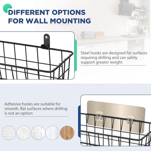 4 Pack Hanging Wall Basket Wire Storage Baskets, Adhesive Basket for Cabinet Door Organizer(2 Wall Mounting Options), Hanging Fruit Baskets for Kitchen, Pantry Organization, Bathroom, Black - Image 3