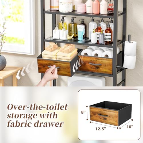 Simple Trending 4 Tier Over The Toilet Storage with Drawers, Heavy Duty Bathroom Stand Organizer Metal Shelves for Laundry, Black - Image 4