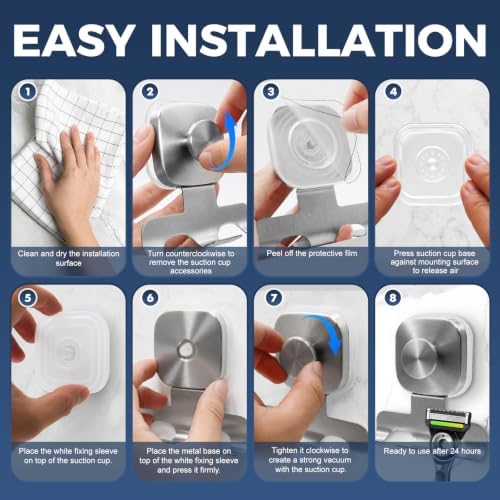 Square Suction Cup Razor Holder for Shower,Heavy-Duty 7KG Suction Hooks for Razor,Towel,Loofah,Removable Damage-Free Metal Shower Hook,Shaver Holder,2 Pack(Brushed Silver) - Image 5