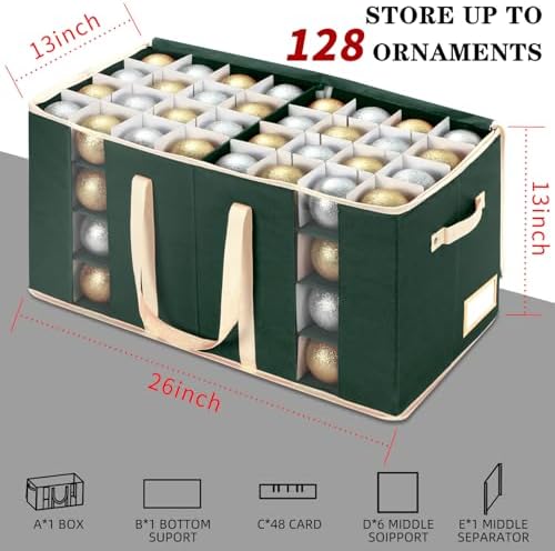 JY COOKMENT Christmas Ornament Storage Box with Adjustable Dividers and Side Pockets, Large Ornaments Storage Container Bin with Zippered Top for Xmas Decorations (128-3" Balls, Green, Without Tray) - Image 2