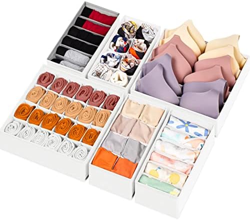 6 Pack Sock Underwear Drawer Organizer Dividers, 58 Cell Foldable Fabric Dresser Closet Organizers and Storage Bins for Clothing, Baby Clothes, Bra, Panty, Scarf, Ties (White) by Criusia