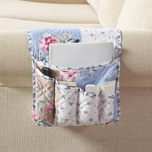 Brilliant Sunshine Blue Beige Rose Toile Couch Armrest Organizer, 35"×13" by BrilliantSunshine