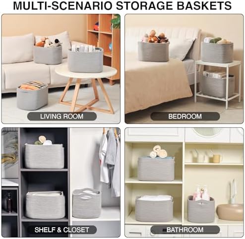ICERZCZ Storage Baskets for Organizing Shelves, Woven Cotton Rope Bins for Baby Nursery Organization, Book Toy Towel Organizer, 15"x11"x9.5", 3 Packs, Grey - Image 5