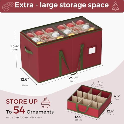 Large Christmas Ornament Storage Box, Dual Zippers, Stackable Christmas Storage Container with Clear Top Lid, 6 Trays, 600D Oxford, Fits 54-4”, Red - Image 3