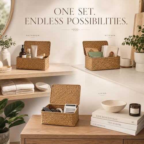 Decorative Wicker Storage Boxes with Lids - Set of 3 Seagrass Organizers - Image 7