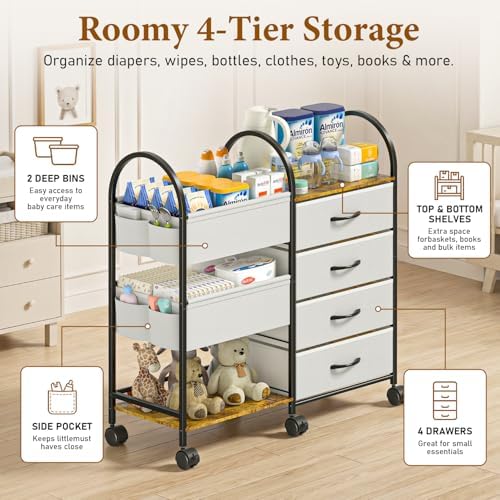 Baby Diaper Caddy Organizer Cart with Wheels, 4-Tier Rolling Diaper Cart with Dividers and Drawers, Multi-Layer Nursery Storage for Diapers & Baby Essentials - Image 4