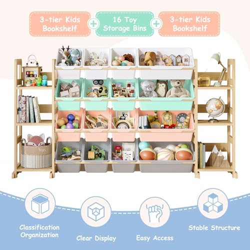EXPERLAM Extra Large Toy Storage - Toy Storage Organizer, Wooden Toy Organizer with 6 Side Shelves and 16 Bins, 3-in-1 Bookshelf for Kids Rooms, Playroom, Nursery, Multi - Image 6