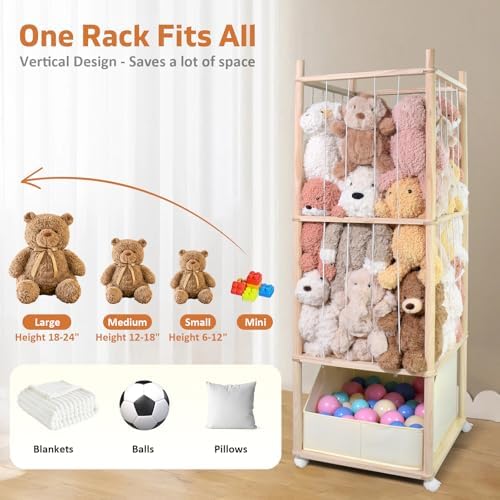 Stuffed Animal Storage with Tiny Toys Tray, Wood Stuffed Animal Zoo Storage with Brake Wheels, Space-Saving Plushie Playhouse for Nursery, Playroom, Kids Bedroom- Easy Assembly - Image 2