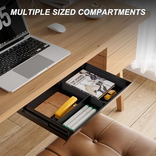 Under Desk Drawer with Removable Tray, 15.4" Wide 2-in-1 Organizer – 60° Ergonomic Tilt, 4-Compartment Insert for Pens, Phones & Cables, Ball Bearing Slides, for Home Office & Student Desk - Image 3