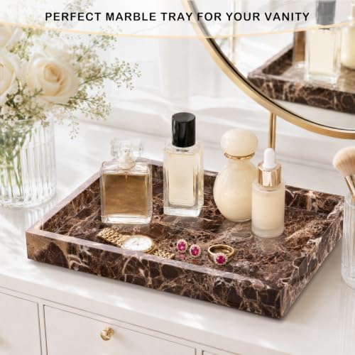 Marble Bathroom Tray for Countertop & Home Decor, Natural Decorative Marble Tray for Jewelry & Perfume Organizer, Luxury Stone Vanity Trays for Dresser, Kitchen Counter, 12" x 8", Brown - Image 6