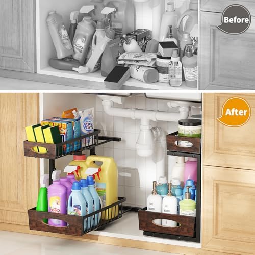 2-Tier Under Sink Organizer with Wooden Drawer Handle, 2 Pack Adjustable Height Pull Out Cabinet Organizer Shelf,Slide out Storage Drawer Rack for Kitchen Bathroom Laundry Room Pantry - Image 5