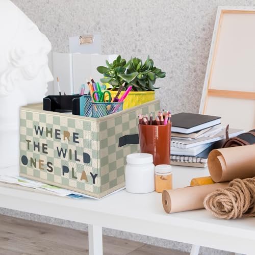 Boho Playroom Foldable Storage Bins Box with Handles, Retro Blue Checkered Collapsible Toys Books Clothes Organizer Basket for Kids Nursery Room Classroom Playroom Bedroom Bathroom - Image 3