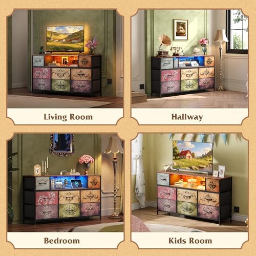 WLIVE LED Dresser TV Stand for 55 Inch TV, 8 Fabric Drawers, Vintage - Image 3