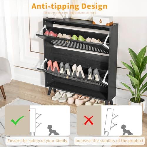 Fsbecl Shoe Storage Cabinet for Entryway with 2 Fluted Flip Drawers, Black - Image 7