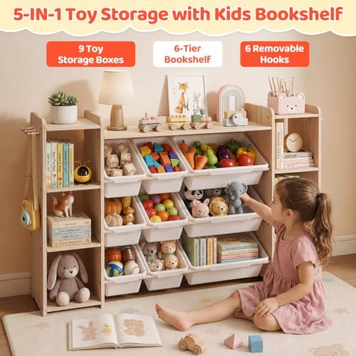 DOREROOM Toy Storage Organizer with Bookshelf, 6 Shelves/9 Toy Bins/6 Hooks - Image 3