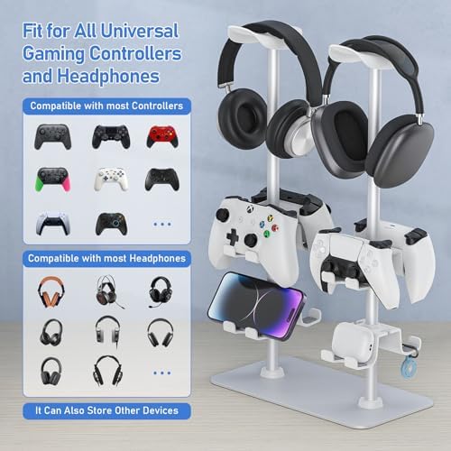 MANMUVIMO Headset Controller Stand for 2 Headset and 8 Controller, Headphone Stand Gaming Controller Holder for PS5 Xbox Airpods Beats Bose, Gaming Room Accessories, Gamer Gifts for Men (White) - Image 2