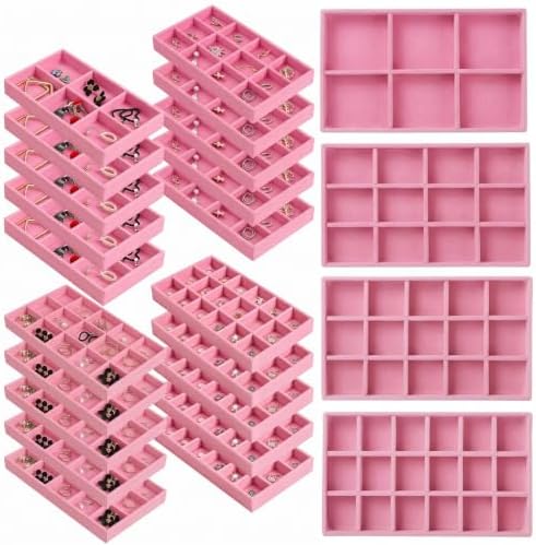 24 Pack Velvet Jewelry Trays Stackable Jewelry Organizer Trays Drawer Inserts Divided Storage Containers for Rings Earrings Jewelry Display (Pink) by Unknown