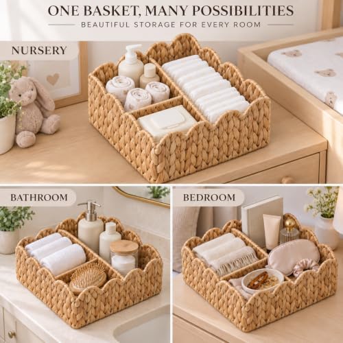 Divided Scalloped Basket,Wicker Diaper Caddy Scalloped Baske,Woven Natural Water Hyacinth Basket with 4 Dividers,Suitable for Baby Rooms, Bathrooms, Bedrooms (Beige) - Image 5
