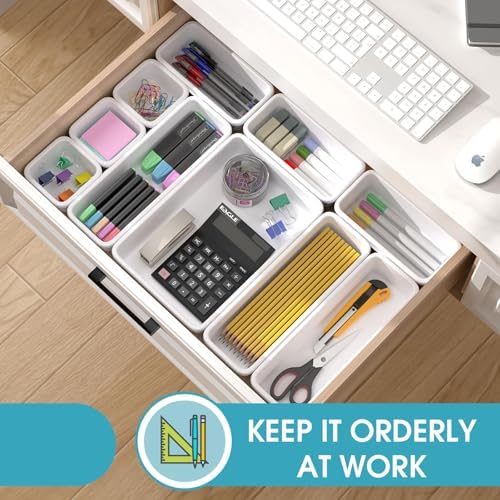 25 PCS Drawer Organizer Set, 4 Size Makeup Drawer Divider Organizer With Non-Slip Pads, Interlocking Plastic Storage Bins for Office,Jewelry Vanity,Gadgets, Bathroom,Kitchen, White - Image 4
