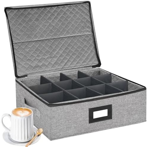 Coffee Mug Storage Box with Dividers, Durable China Storage Containers for Coffee Mugs, Tea Cups Storage Organizer with Lid, Handles, Label Window, Holds 12 Mugs, Hard Shell and Stackable (Grey) by homyfort