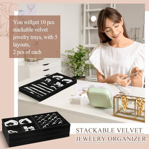 Cinnvoice Set of 10 Stackable Jewelry Organizer Tray for Drawer, Black - Image 6