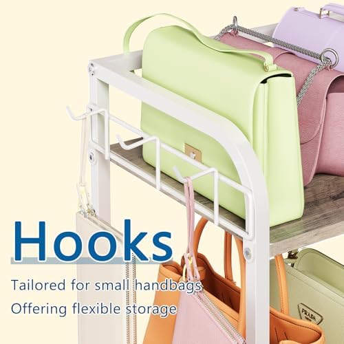 White Purse Organizer, 3-Tier Floor Standing Bag Rack Stand Featuring Side Hooks and Baskets, Adjustable Feets, High Capacity Metal & Wood Handbag Holder Design for Closet Storage, Patent Pending - Image 4