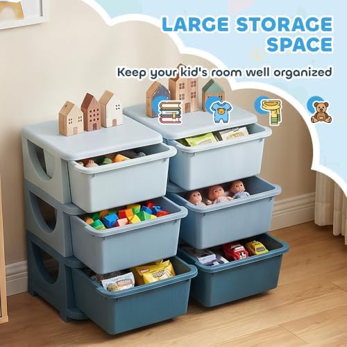 Qaba 6 Drawers Kids Storage Unit 3 Tier Toy Organizers Blue - Image 4