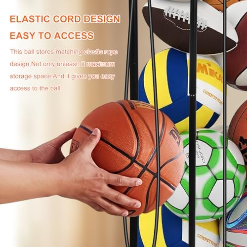 Garage Ball Storage Holder,Elastic Cord Design Can Floor-Standing & Wall-Mounted Use,Used for Basketball,Footbal,Volleyball,Rugby,Home or Outdoors Sports Equipment Storage Ball Rack。(Black) - Image 4