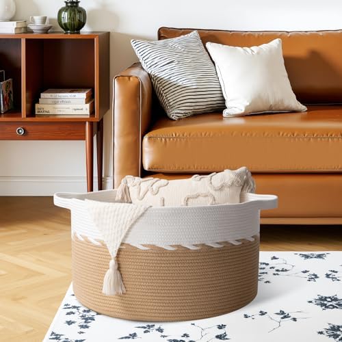 OIAHOMY 90L Extra Large Blanket Basket - Decorative Cotton Rope Storage Basket for Bedroom, Living Room & Nursery - Woven Laundry Hamper for Organizing Blankets, Clothes & Toys - Yellow & White - Image 4