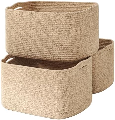ICERZCZ Large Storage Baskets for Organizing Shelves, Woven Cotton Rope Bins for Baby Nursery Organization, Book Toy Towel Organizer, 17"x13"x9.5", 3 Packs, Brown by ICERZCZ