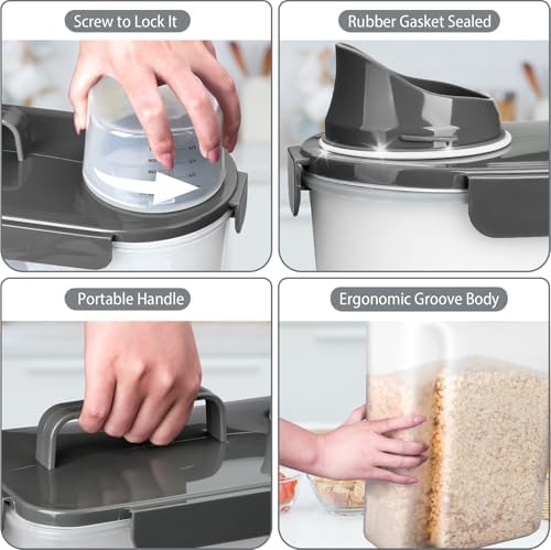 Komzon Rice Storage Containers, Rice dispenser with Pouring Spout Portable Handle for Flour, Pasta, Grain and Baking, Pet Dog Cat Bird Food Container 20 LB Grey - Image 4