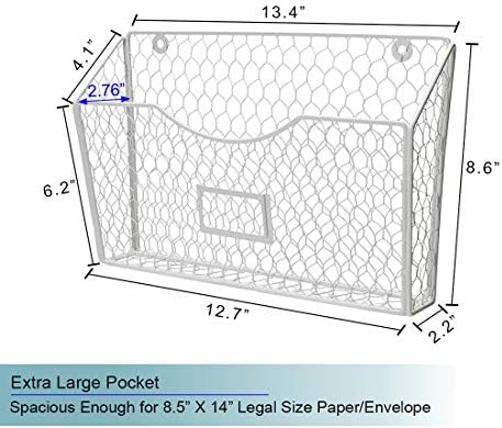 PAG-Mass 3 Pockets Hanging File Holder Wall Mount Mail Organizer Metal Chicken Wire Magazine Rack with Tag Slot, White - Image 4