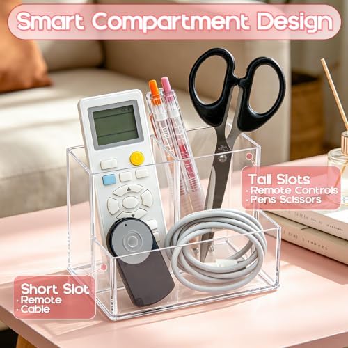 Vowcarol Clear Acrylic Remote Control Holder, 3 Compartments (2 Tall + 1 Low), Small Footprint, Tabletop Storage for TV, AC & Small Items - Image 2