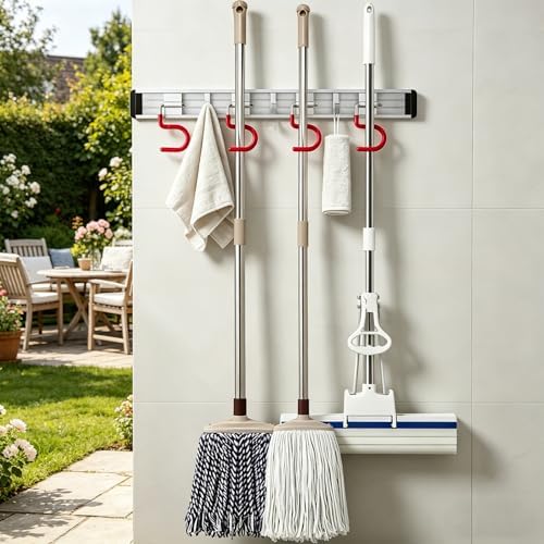 Wall Mounted Mop and Broom Holder Stainless Steel S Type Broom Rack Anti-Slip Mop Organizer (34Inches,8 Positions 6 Hooks, Red White) - Image 5