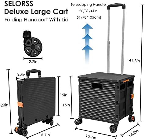 Foldable Utility Cart Portable Collapsible Crate Rolling Carts with Wheels Rolling Tote Basket Teacher Cart with Lid Wear-Resistant 360°Rotate Wheel Noiseless for Shopping Storage Office Use - Image 5