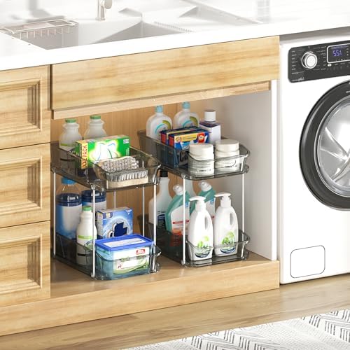 Delamu 2-Tier Under Sink Organizers and Storage, Multi-Purpose Stackable Bathroom Cabinet organizers, Pull Out Kitchen Pantry Organization and Storage with Dividers(3 Pack, Grey) - Image 7