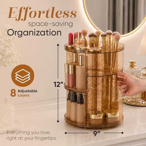 Masirs 360 Rotating Makeup Organizer Countertop, Adjustable Shelf, Brown - Image 4