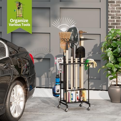 3-Tier Garden Tool Organizer with Wheels, Garage Floor Rolling Storage Cart on Wheels Heavy Duty Metal Rolling Storage Cart, Yard Tool Tower Rack for Garage, Patio, Shed, Indoor Outdoor - Image 6
