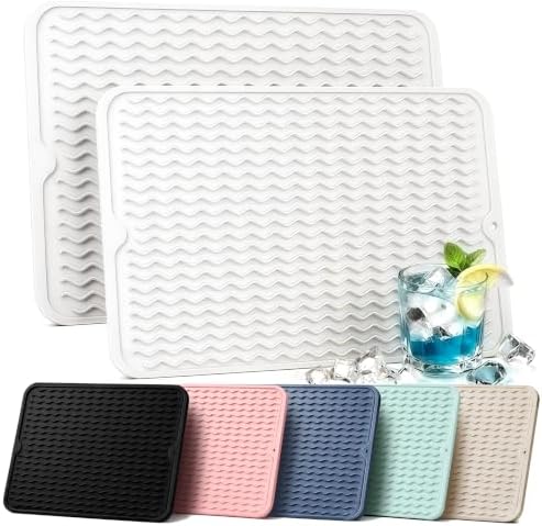 2 Pack Silicone Dish Drying Mat for Kitchen Counter Home Dining Placemats Waterproof Hot Pads Trivet Tray Rack Drainers Crafts Coffee Bar Accessories Funny Gifts for Women 15"x11.5" White by AOTASO