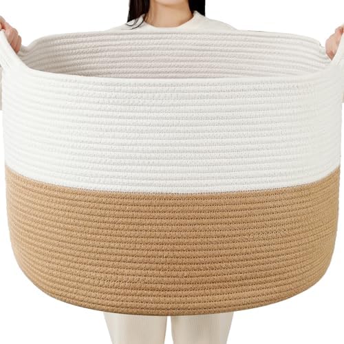 Foldable Laundry Hamper Basket with Collapsible Handle Cotton Rope Soft Woven Fabric Storage Organizer Clothes Toys Nursery Bedroom Dorm Space Saving Bin (White & Camel, 80L(21.7"D x 13.8"H)) by BEVOVBE