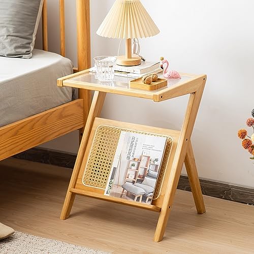 GIANTEX Rattan Side Table, Boho Nightstand with Glass Top & Magazine Rack, End Table with Storage, Bamboo Bedside Table for Small Space Living Room Bedroom (Natural,1) - Image 3
