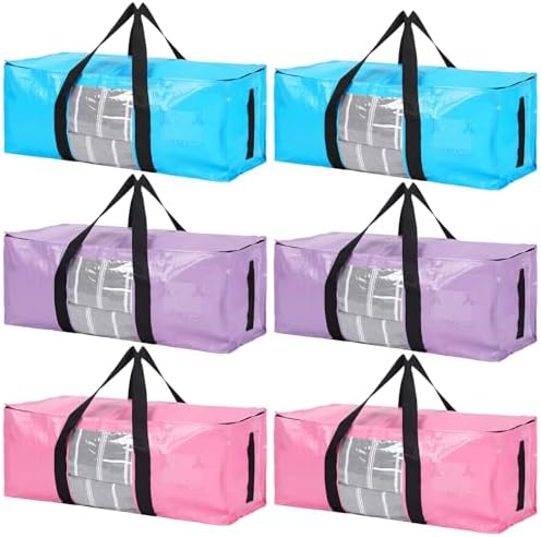 6 Pack Heavy Duty Extra Large Dorm Moving Bags, Pink Purple Blue by Bulyoou